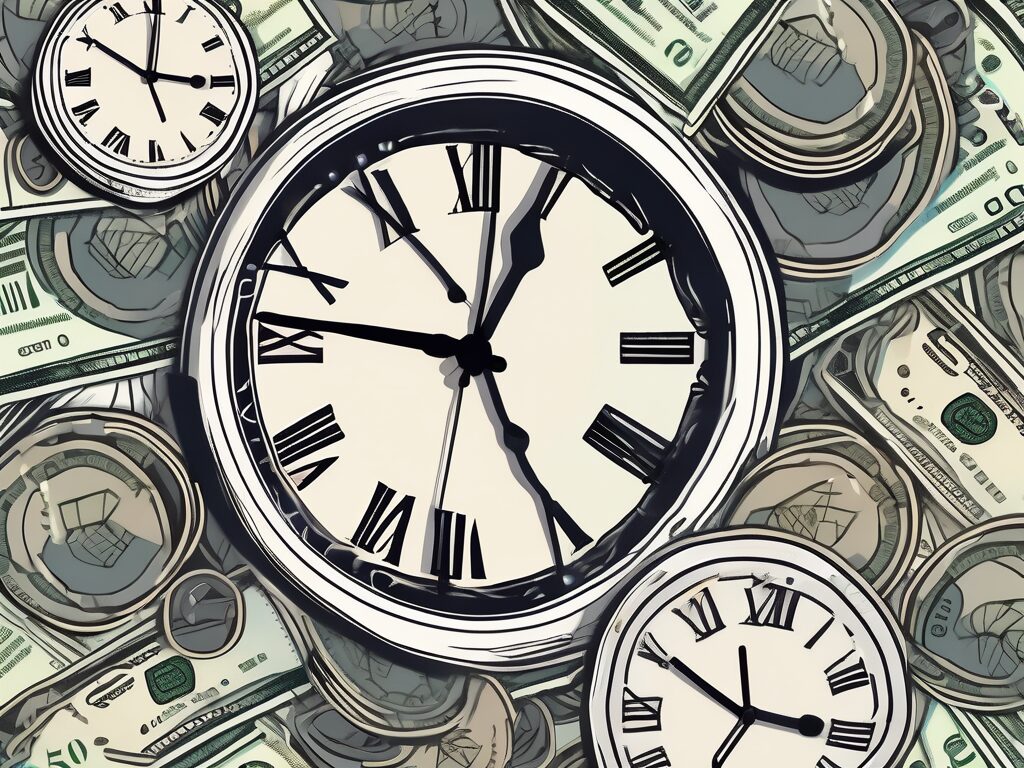 A clock tangled in cash bills and coins