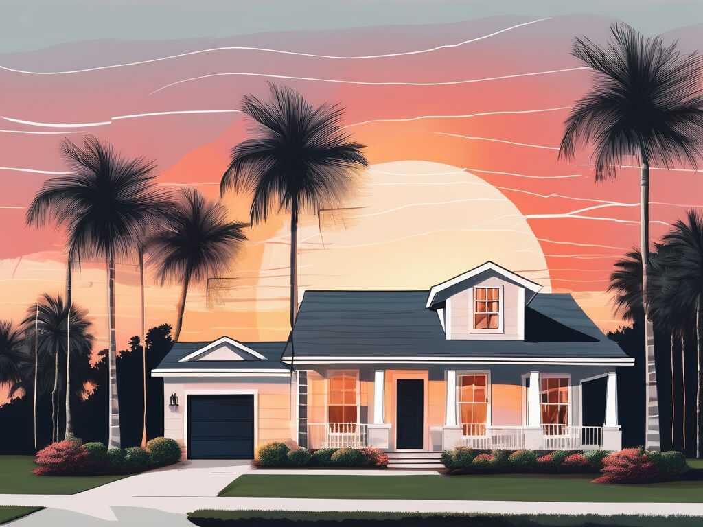 A picturesque florida house with a 'for sale' sign in the yard