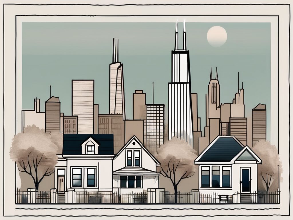A chicago skyline with a for-sale sign in front of a charming house