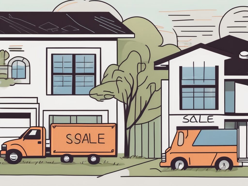 A rental property with a 'for sale' sign in the front yard