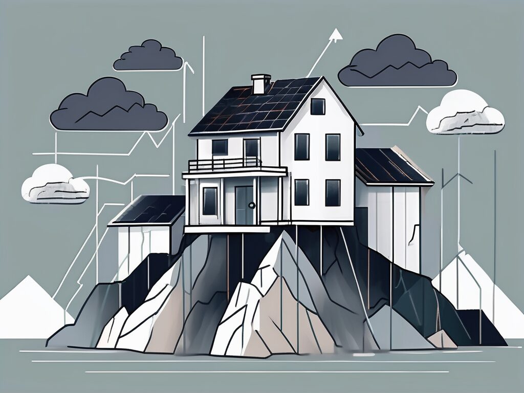 A house perched on a high cliff with stormy economic charts and graphs forming the approaching dark clouds