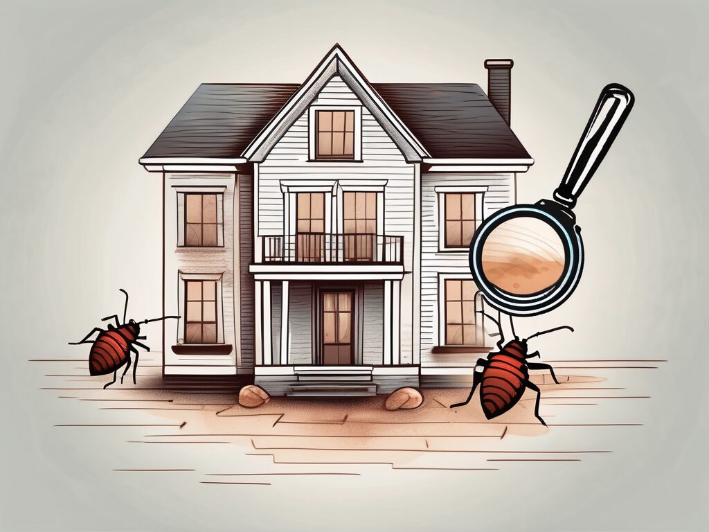 A house with a magnifying glass revealing bed bugs