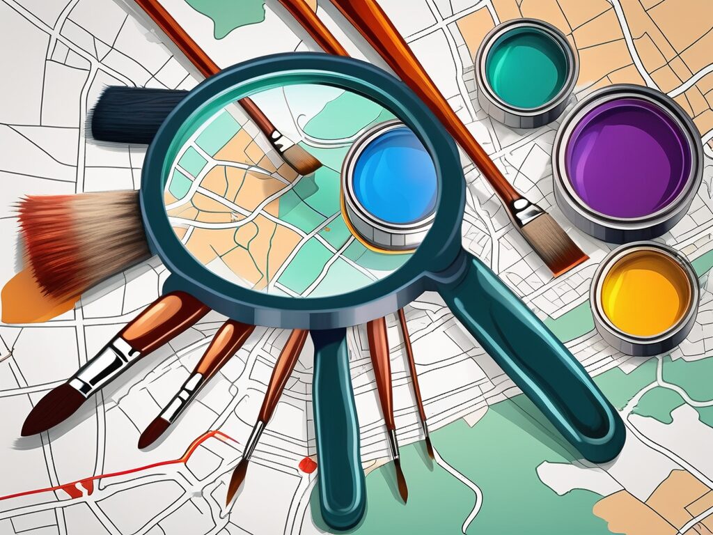 A variety of colorful paintbrushes and a magnifying glass over a stylized map