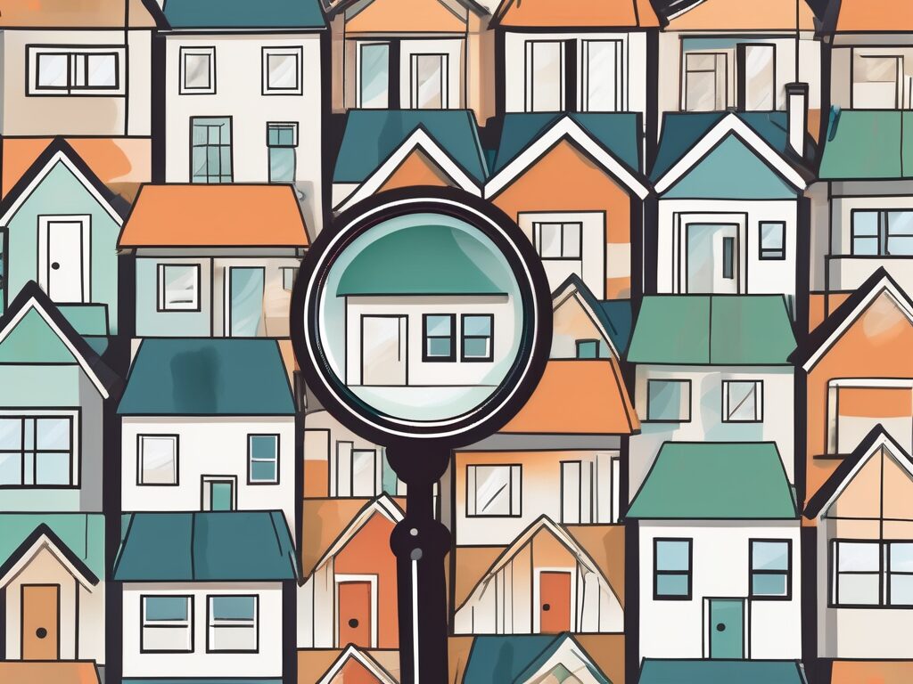 A magnifying glass hovering over a diverse neighborhood of different styled houses