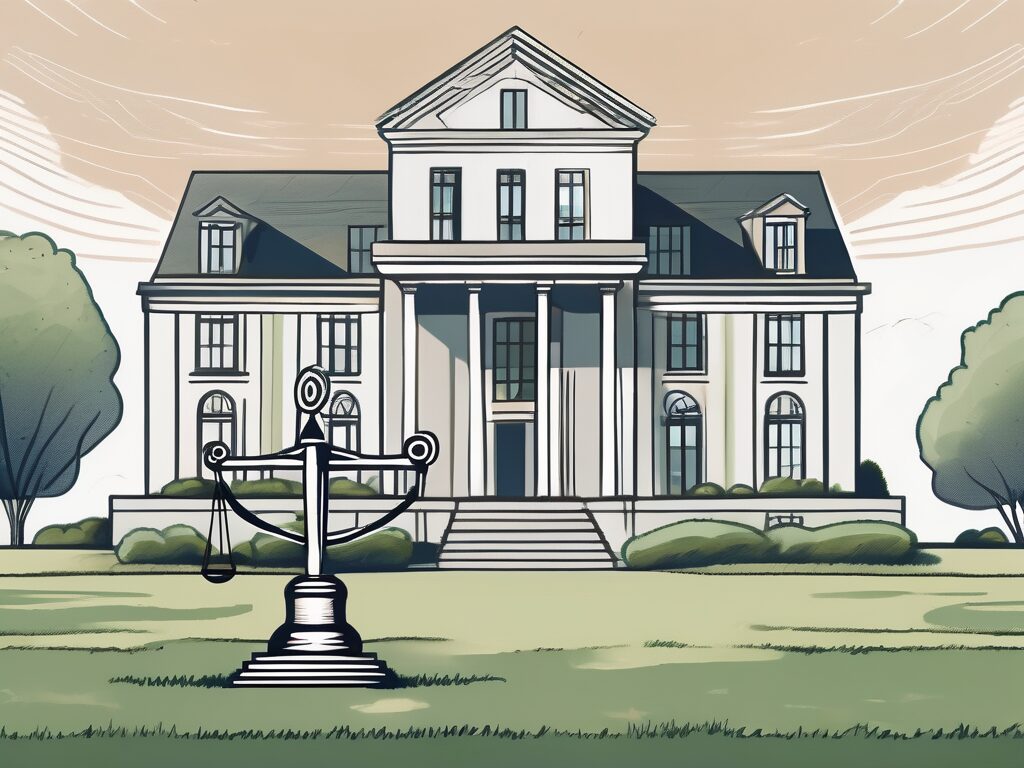 A grand estate with a symbolic balance scale on the front lawn