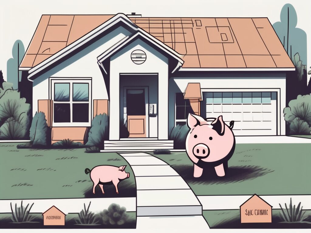 A charming yet modest california-style house with a for-sale sign in the front yard