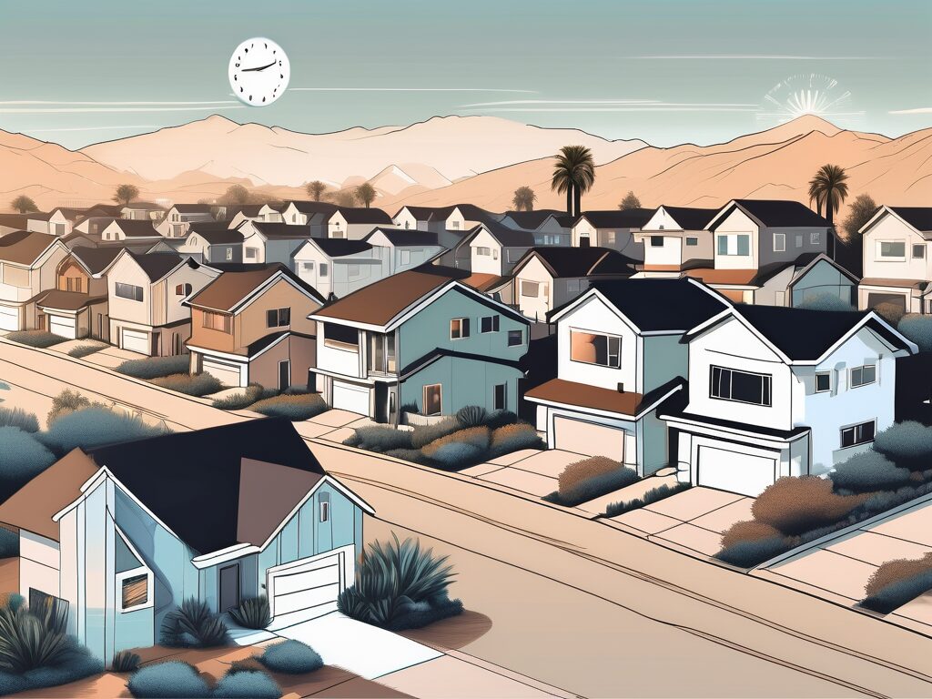 A picturesque california landscape featuring a variety of houses with a large clock in the sky indicating different times