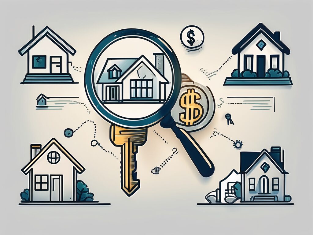 A magnifying glass highlighting key icons such as a house