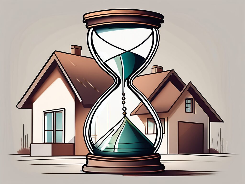 A house with a large hourglass next to it