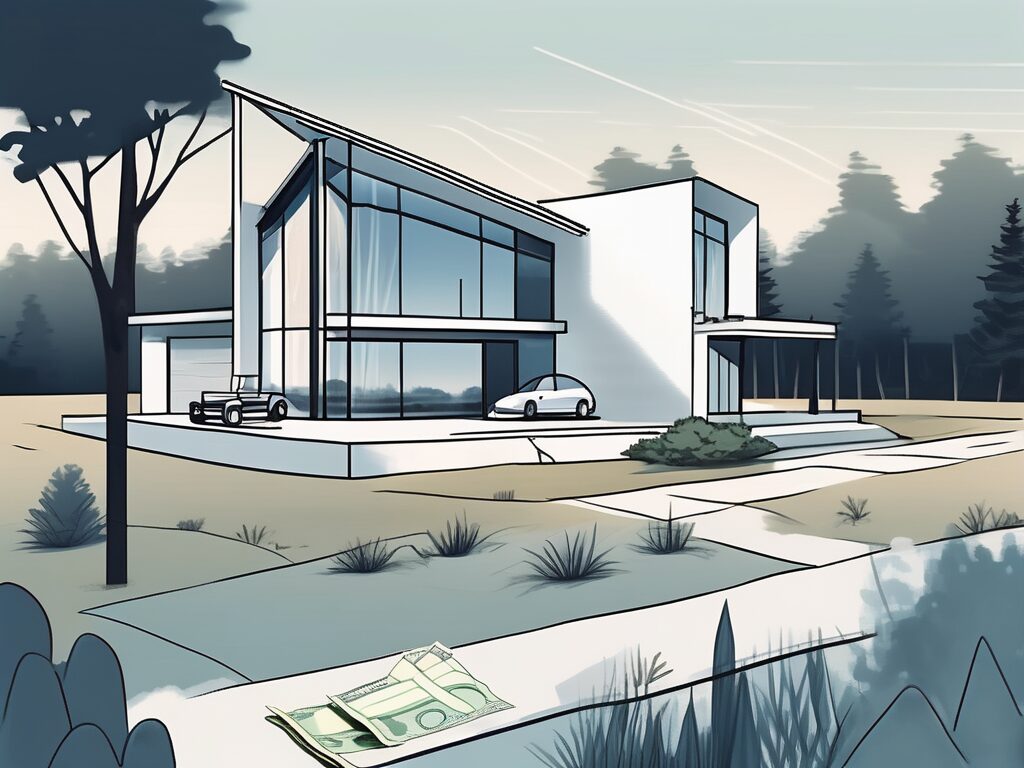 A serene landscape featuring a plot of land with a for-sale sign