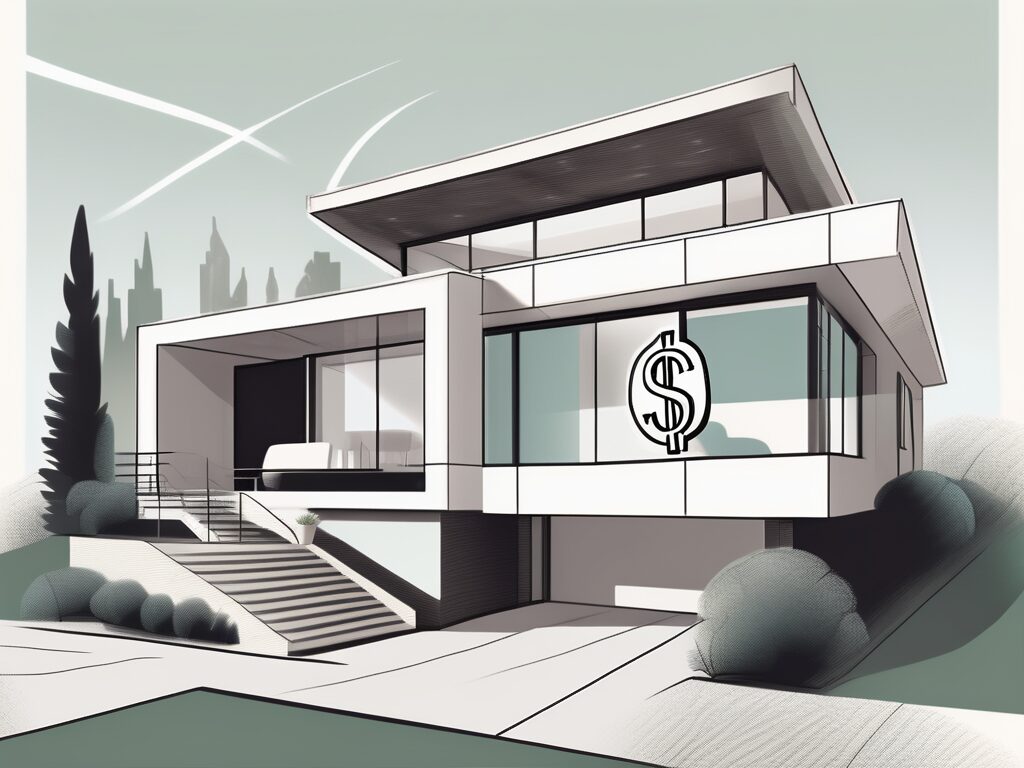 A modern house with a large dollar sign in the background
