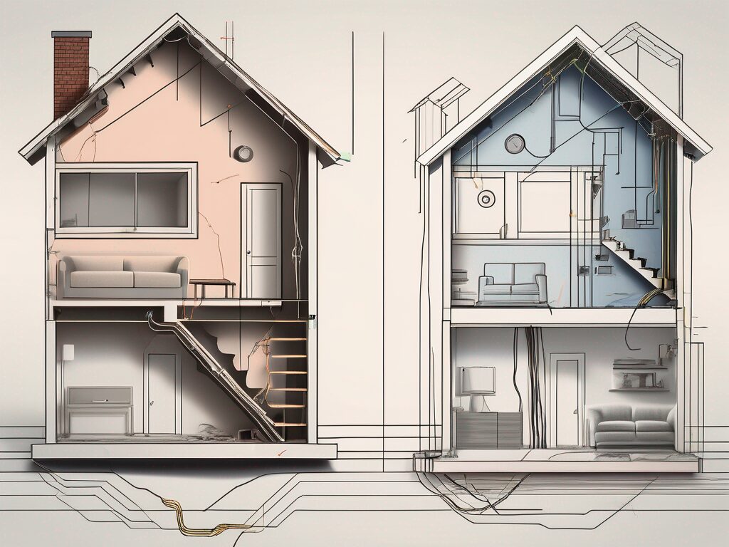A house cut in half to reveal the old wiring system being replaced with a modern one