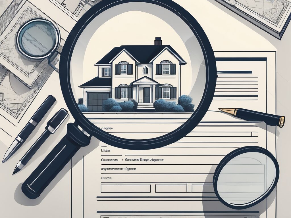A home purchase agreement document with a magnifying glass over it