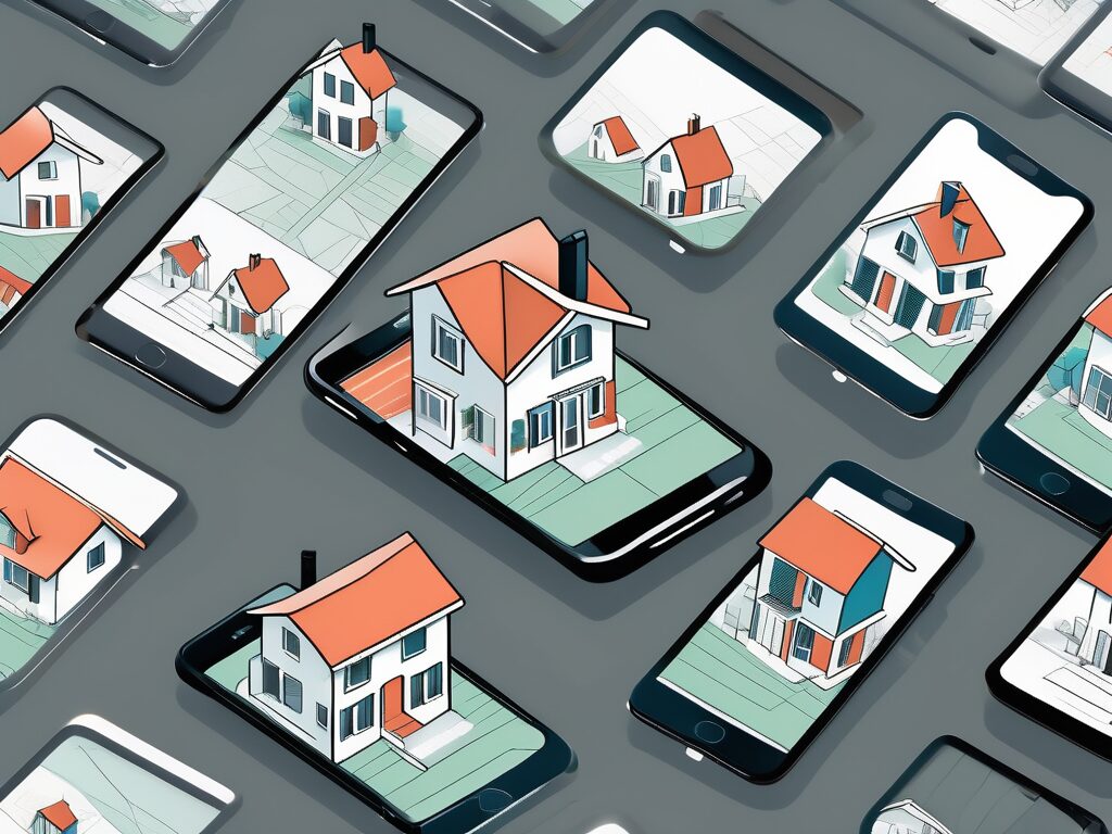 Several stylized smartphone screens displaying various home search app interfaces