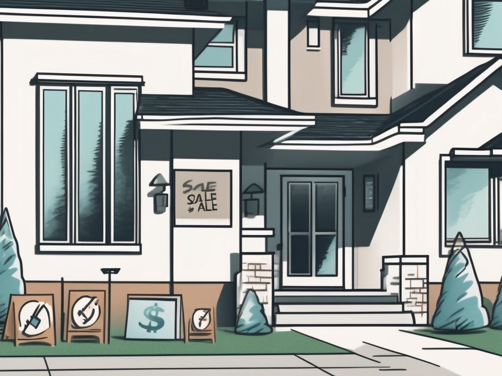 A house with a "for sale by owner" sign in the front yard