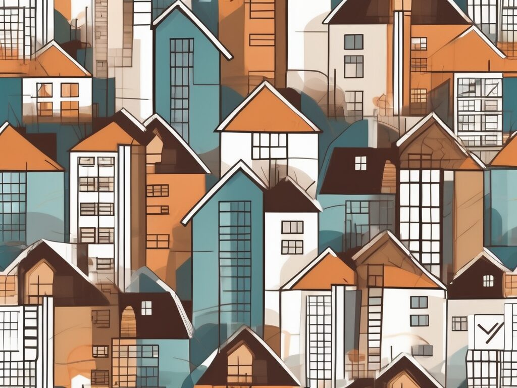 A variety of houses and commercial buildings with a backdrop of minnesota's distinctive landmarks