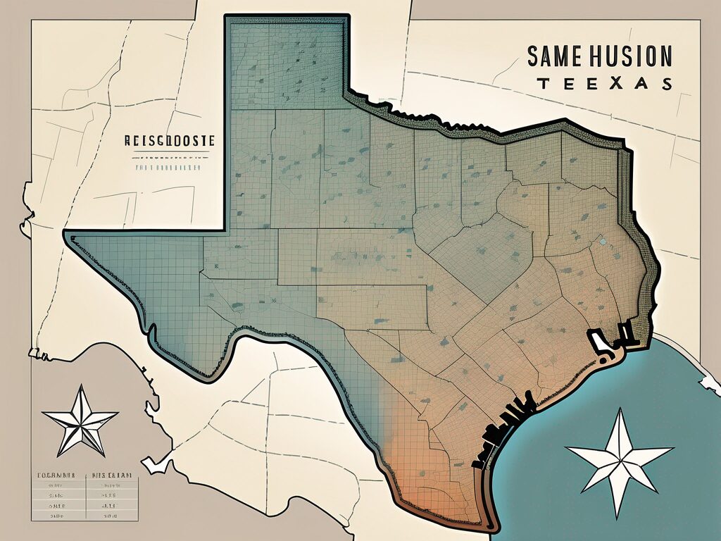 A detailed texas map with symbolic representations of houses and dollar signs to depict real estate and commission rates