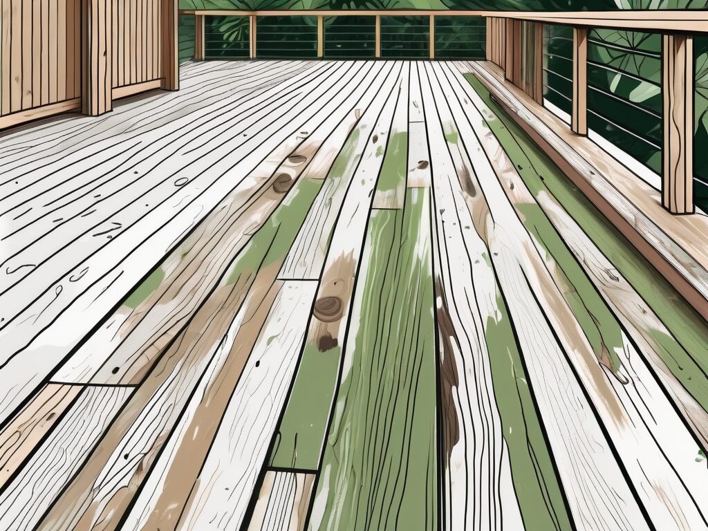 A weathered wooden deck in the process of being restored