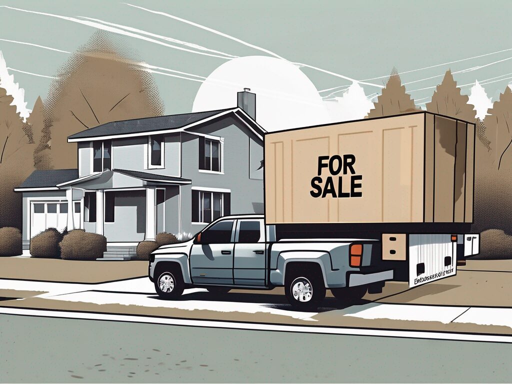 A house with a "for sale" sign in the front yard and a moving truck parked outside
