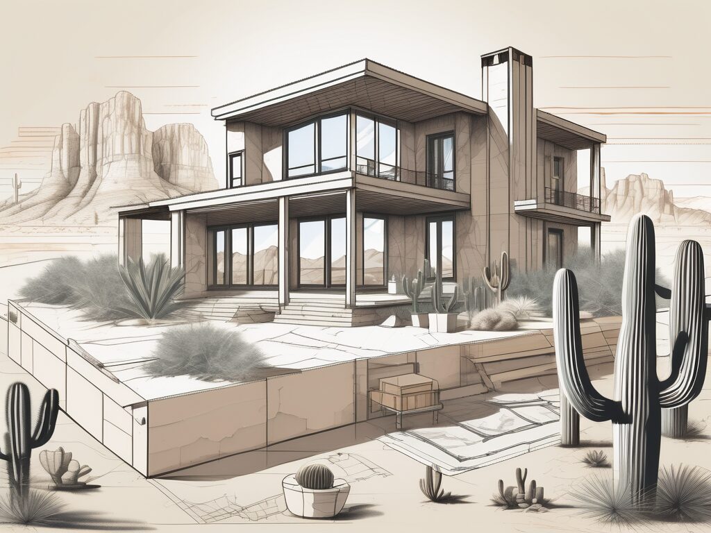 A partially constructed house with architectural blueprints
