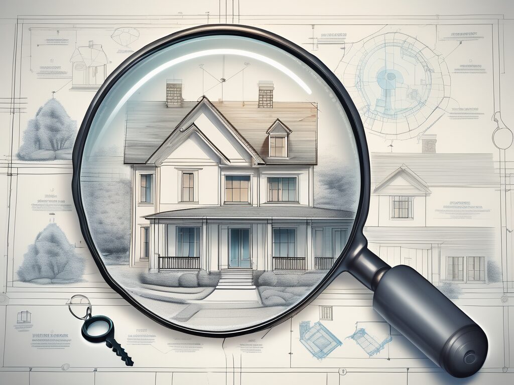 A magnifying glass hovering over a detailed blueprint of a house