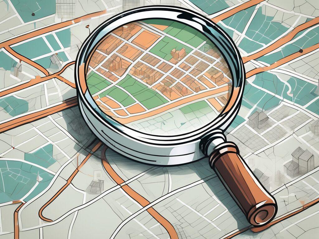 A magnifying glass hovering over a detailed map with various types of properties marked out