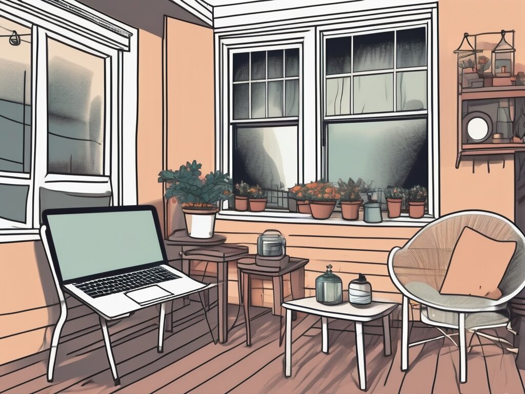 A well-lit porch with a variety of items for sale like furniture