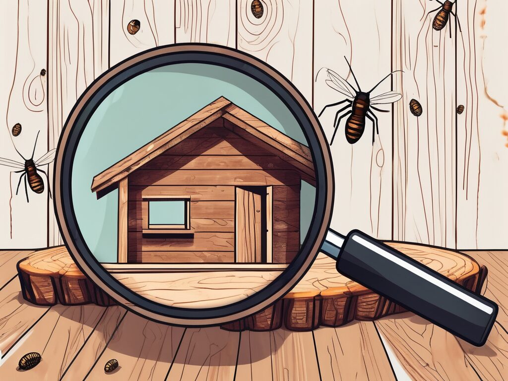 A magnifying glass over a wooden structure with visible termites