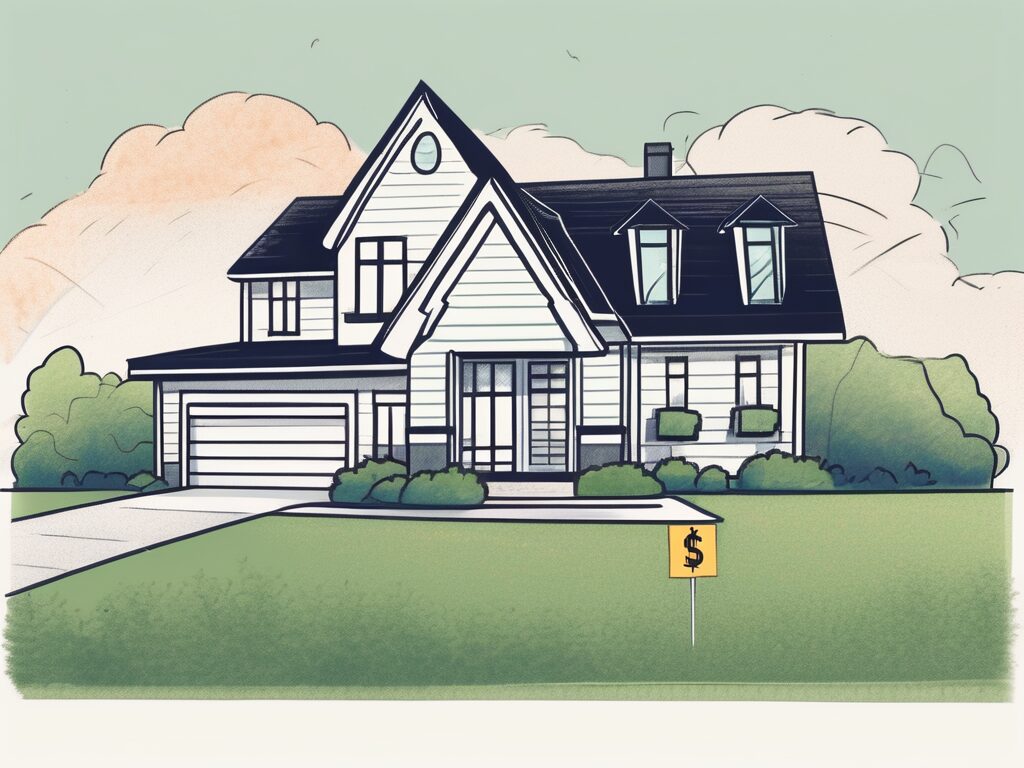 A house with a "for sale" sign on the front lawn