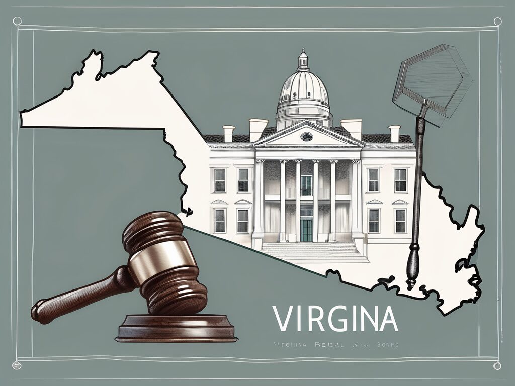 A detailed virginia state map with a symbolic house and a gavel