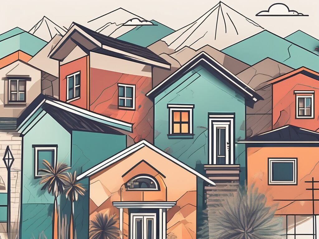 A vibrant el paso cityscape with various styles of houses scattered throughout and a large key symbolizing home ownership hovering above