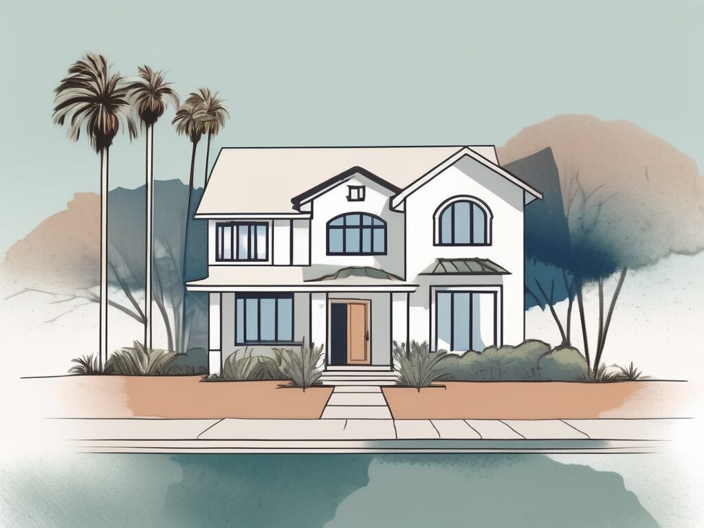 A picturesque santa barbara house with a sold sign in the front yard and a cash symbol integrated subtly into the design