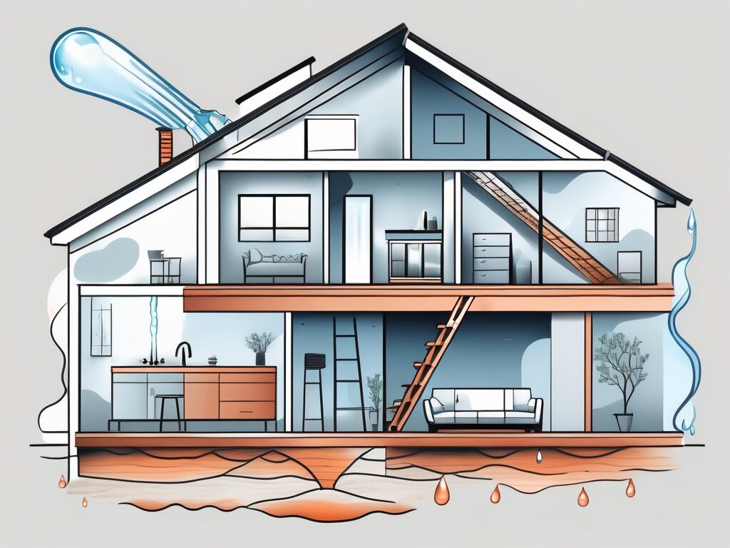 A house with a visible interior cross-section showcasing various home maintenance tasks such as gutter cleaning