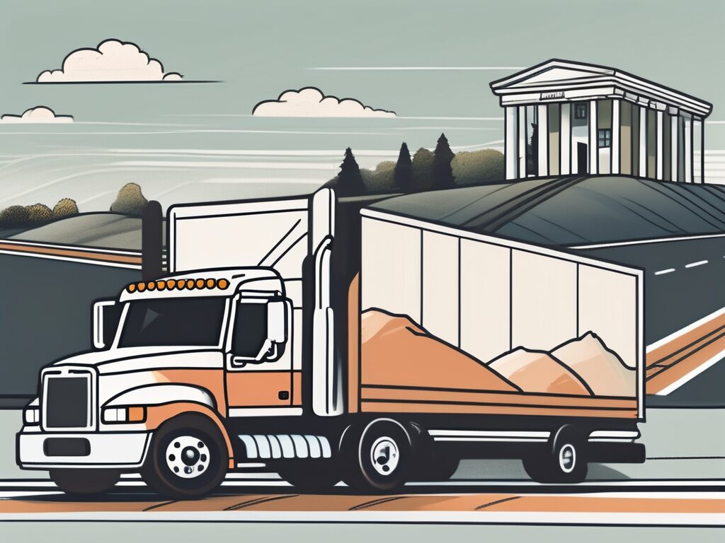 A moving truck driving along a highway with various state landmarks in the background