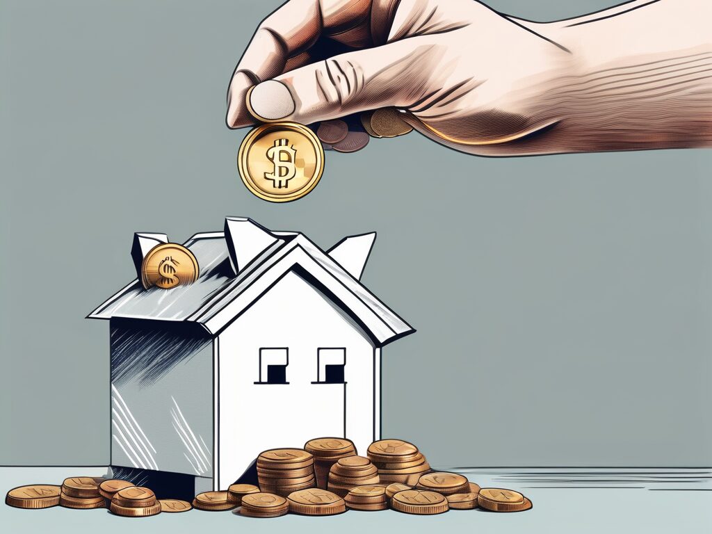 A house-shaped piggy bank with coins spilling out