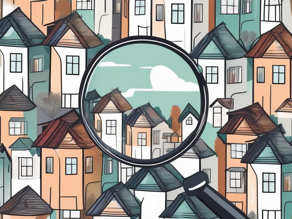 A magnifying glass hovering over a variety of different styled homes