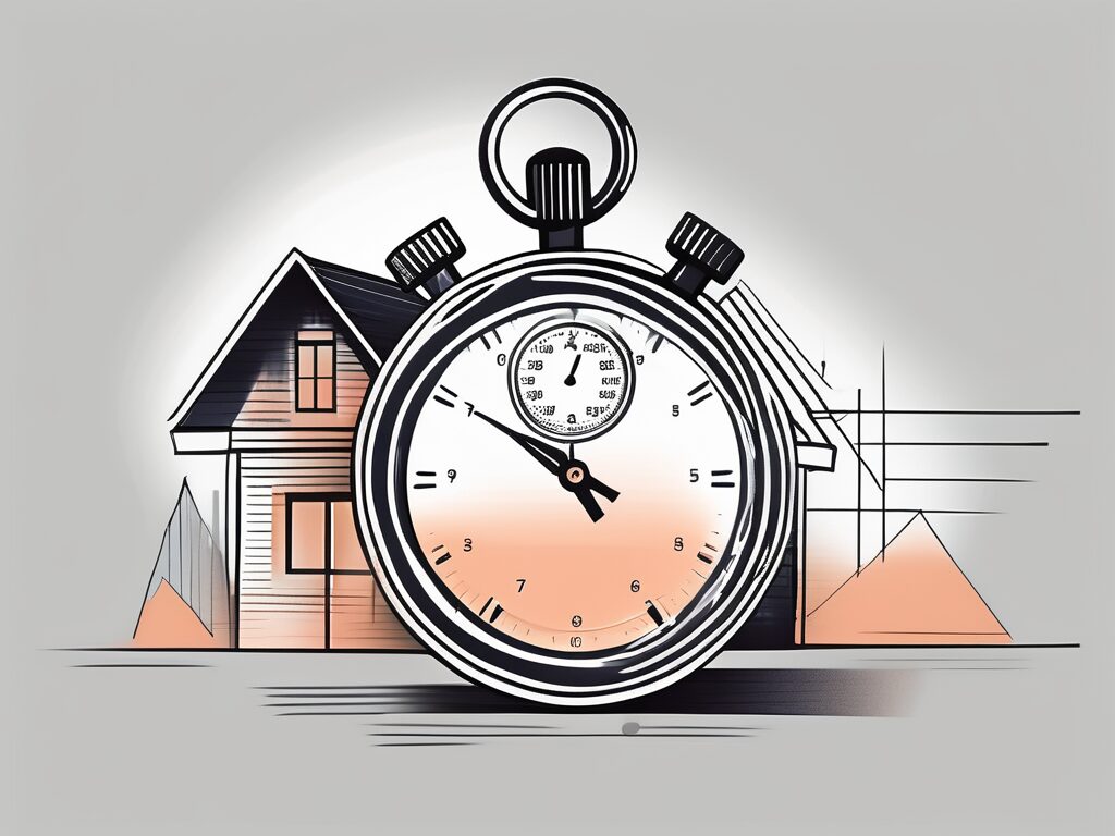 A stopwatch superimposed over a stylized image of a house