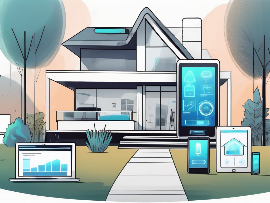 A futuristic house with a digital "for sale" sign in the front yard