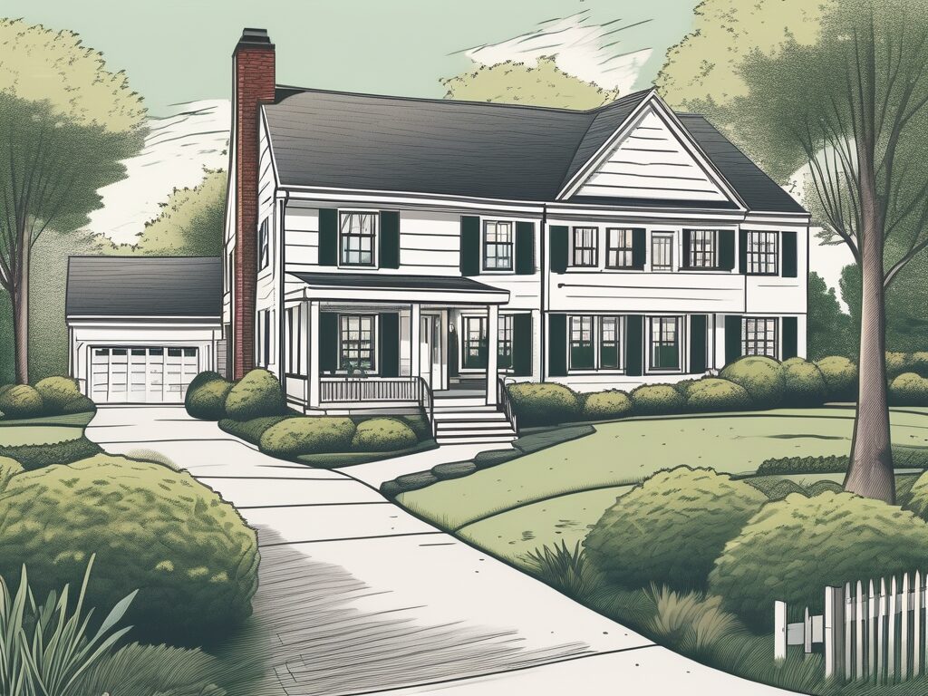 A traditional connecticut house with a large sold sign in the front yard