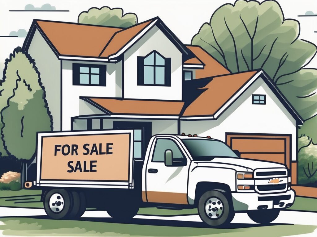 A well-maintained home with a 'for sale' sign in the front yard