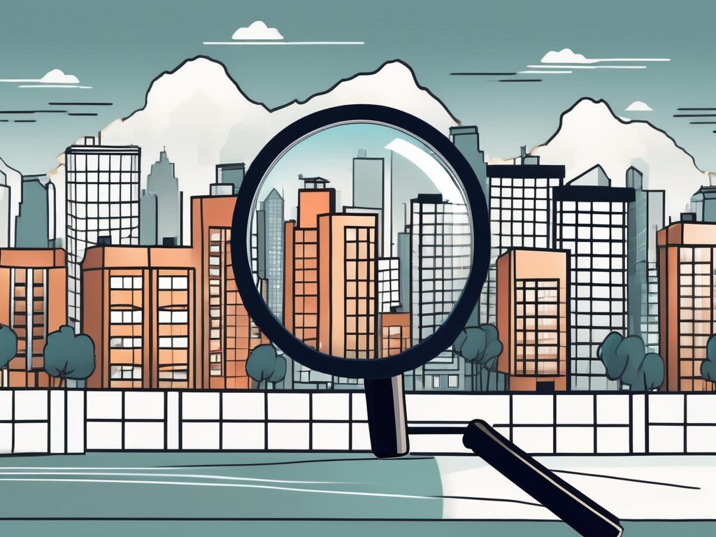 A magnifying glass hovering over a cityscape with various types of real estate properties (like houses