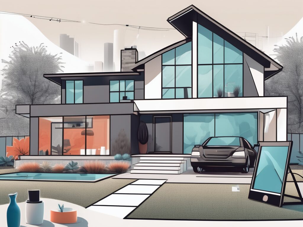 A modern home with a "for sale" sign in the front yard