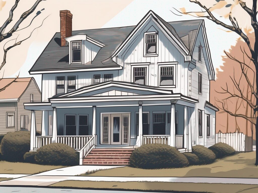 A traditional massachusetts-style house with a 'for sale' sign in the front yard