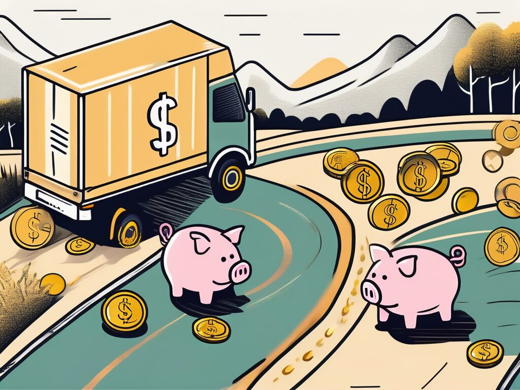 A moving truck on a country road with different cost-saving symbols like piggy banks and dollar signs floating out of the back