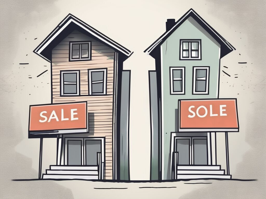 A split house with a 'for sale' sign on one half and a sold sign on the other half