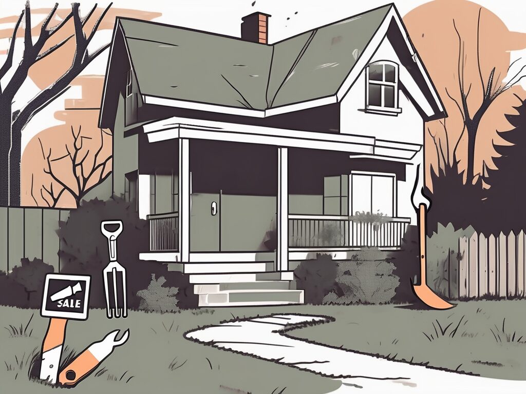 A house with a 'for sale' sign in the front yard