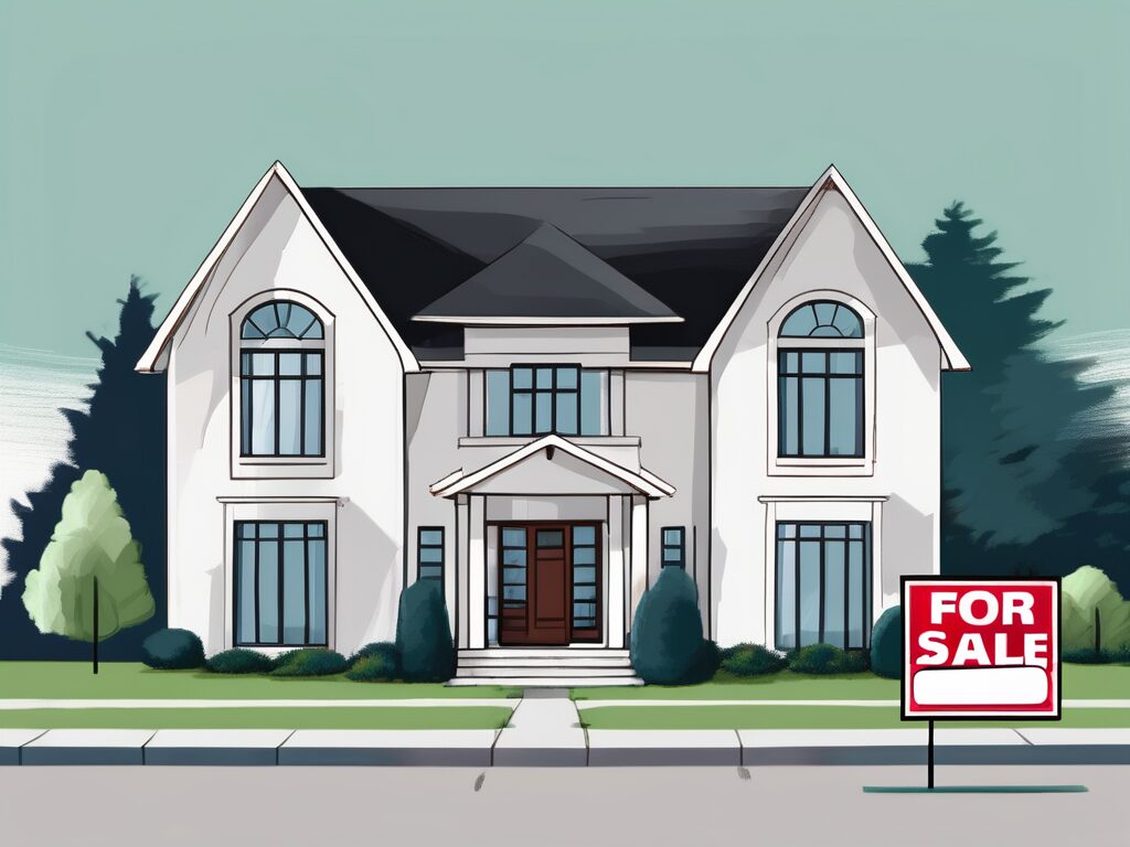 A freshly painted house with a "for sale" sign on the front lawn