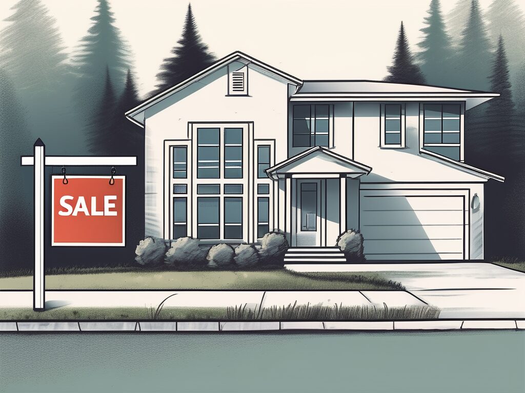 A house with a 'for sale' sign on one side and a real estate office on the other