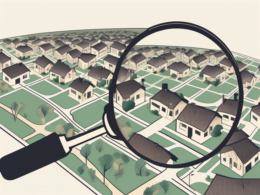 A magnifying glass hovering over a stylized map of stockton