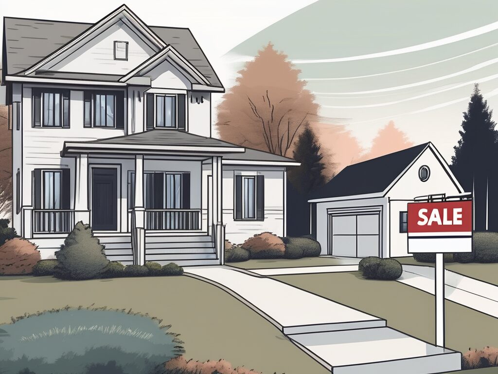 A house with a for sale sign in the front yard and a separate image of the same house with a refinanced mortgage sign